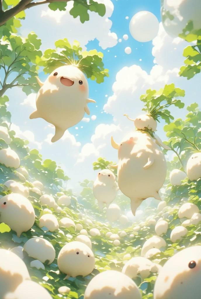 Detailed Fantasy art, Countless Cute daikon characters in magical bubbles are floating in the air. transparent daikon, transparent body, transparent characters, magic bubbles texture. The surface reflection of the magic bubbles is beautiful and fantastic.