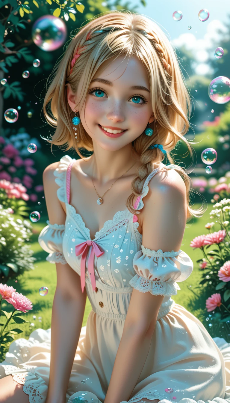 Magical bubbles, Sparkling Bubbles ,  Colorful Bubbles,  cute girl,  get bubbles out of your nostrils,  one girl who is at ease, On the lawn in the garden, Put bubbles out with a smile 、