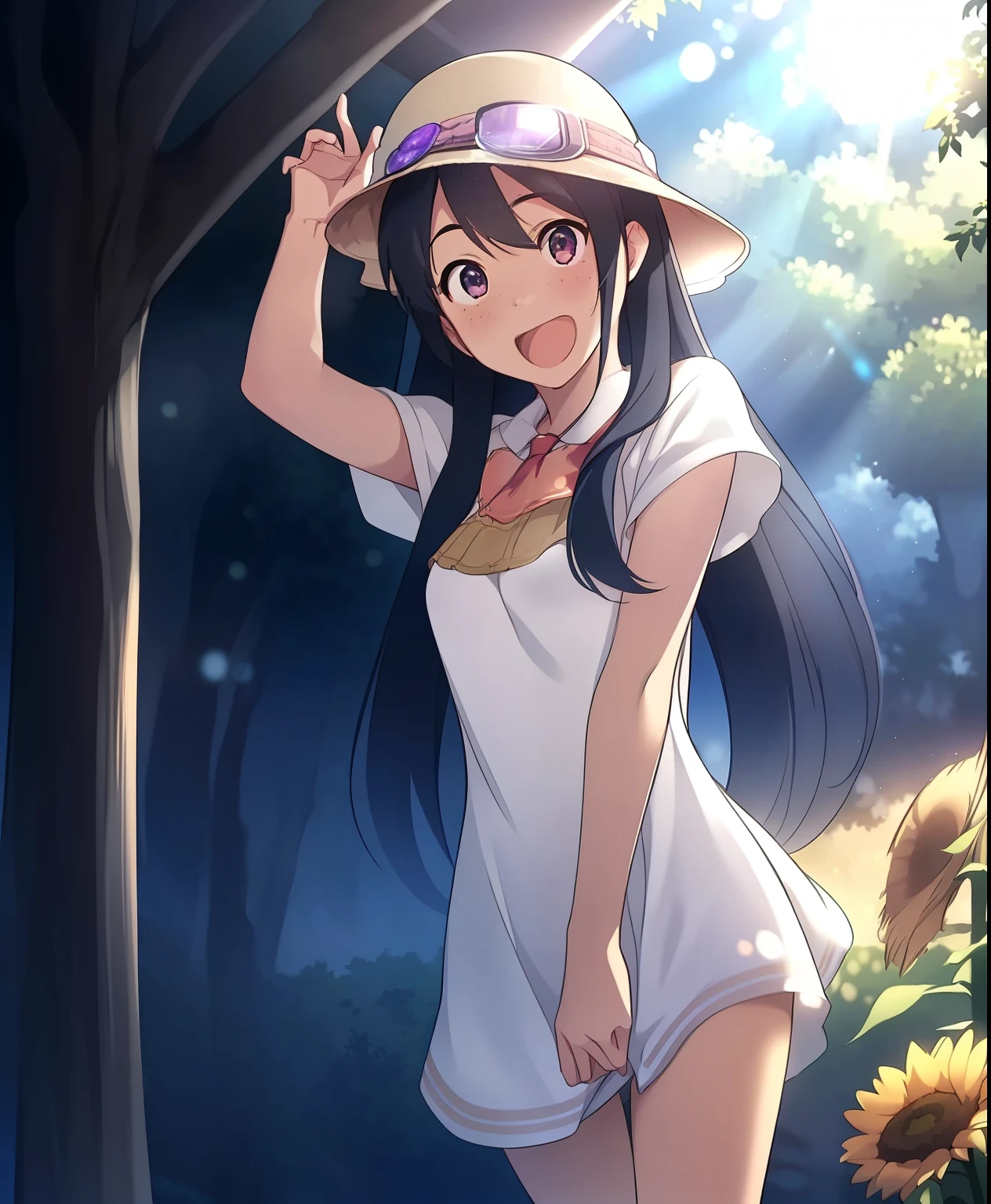 (masterpiece、 best quality、 best quality、 Official Art、 beautiful and beautiful :1.2)、( one girl who is at ease:1.3) Hatsune Miku、 twin tails, Beautiful breasts,Beautiful breasts, ultra-detailed 3D renderings of beautiful animated characters, Beautiful Soft Studio Light , Rim Light, vivid details,Luxurious, race, hyperrealistic , stares at viewers, Volume Lighting , dynamic pose、 virtual idol 、fuwa aika, 1 girl ,Alone, (ホワイトraceドレス:1.2), loose fit dress with glowing purple eyes (sun visor hat:1.2), Sunflower field, in the sun , smiles lightly, viewers who show the full nudity, wind, dynamic, Strong light and shadow,dynamic pose,