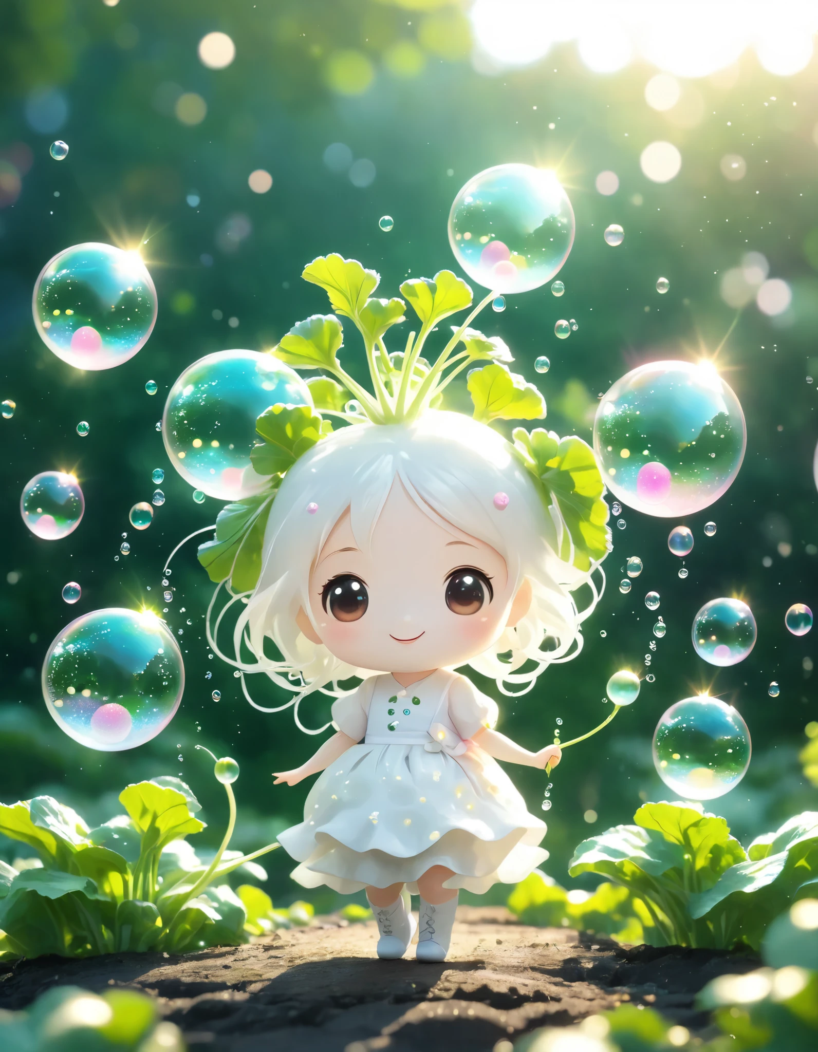 (Japanese white Chibi Radishes made of Magical Bubbles:1.3), White theme, fantasy world in the background.