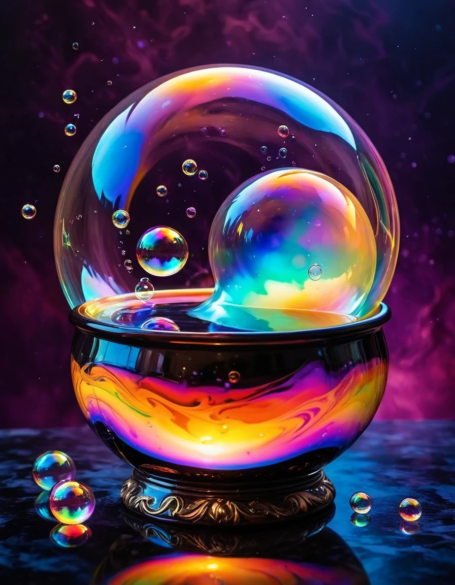 Marbling Art. magical glow soap bubble with iridescent, Reflections on Soap Bubbles with iridescent. Racy witch's, Magical soap bubbles coming out of a mysterious magic cauldron of bubbling potion. Colorful Abstract background