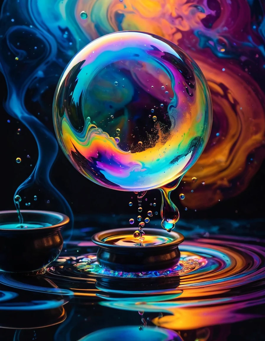 Marbling Art. magical glow soap bubble with iridescent, Reflections on Soap Bubbles with iridescent. Racy witch's, Magical soap bubbles coming out of a mysterious magic cauldron of bubbling potion. Colorful Abstract background