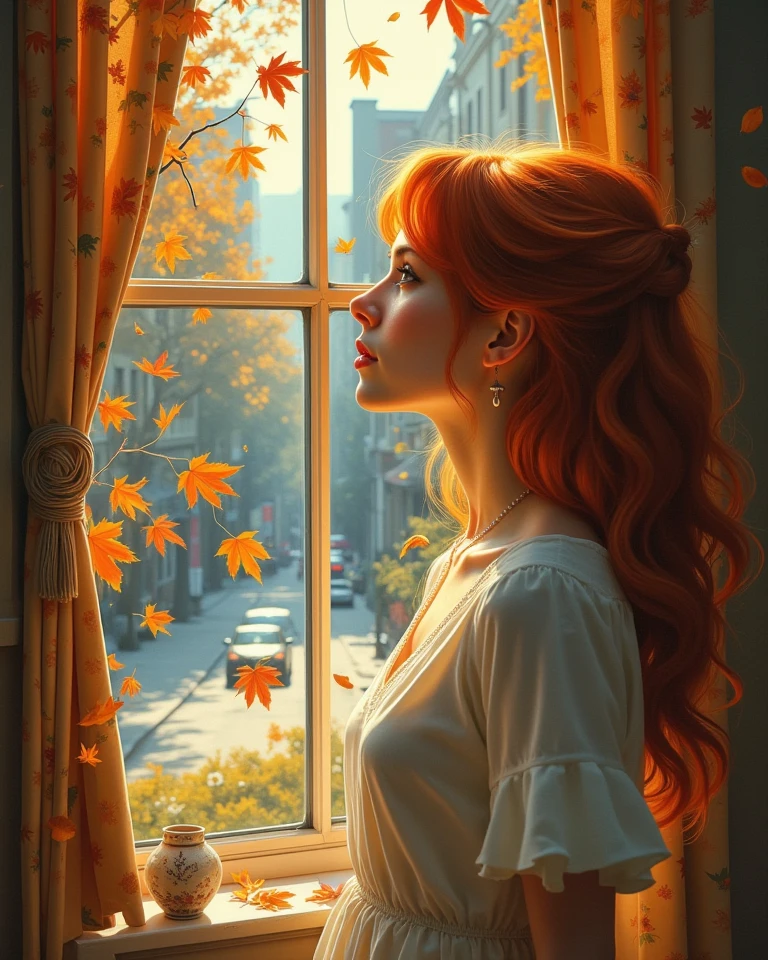 Masterpiece surreal hyper realistic oil on canvas painting in Don Lawrence style about the autumn leaves drift by the windows when a beautiful ginger haired woman is staring at a beautiful tree leaves falling on the streets, from her house window, High Resolution, Award Winning, Best Quality, Detail, High Details, UHD, 