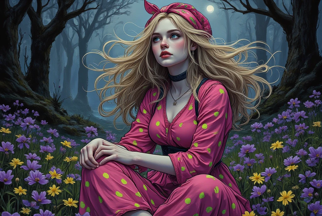 ((masterpiece)) ((photography)) ((Highest quality)) A whimsical and grunge-style illustration inspired by the aesthetic of Tim Burton, featuring a pale-skinned chubby white woman sitting in a vibrant meadow. Her blonde hair flows in the wind, tied with a patterned bandana, and her expressive eyes gaze upward as if lost in a dream. She wears a bright pink dress with neon green polka dots, contrasting boldly with the natural surroundings. The meadow is filled with vivid violets and yellow pansies, creating a surreal and slightly eerie atmosphere. The color palette is rich and vibrant, with high contrast and shadowy undertones, enhancing the fantastical and slightly offbeat mood.