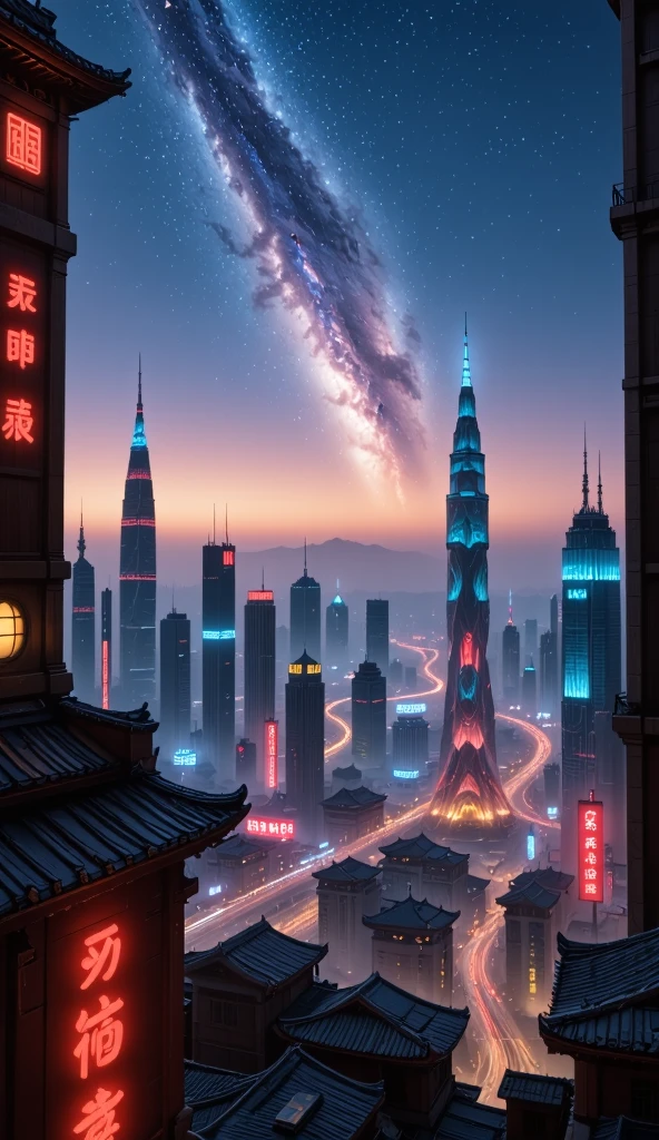  the city of future science and technology,sci-fi city building,The firmament is deep, the stars are narrating, the poetry is far away, the artistic conception of Chinese style, the interlacing of time and space, the light and shadow of science and technology, the cubist style, the multi-angle analysis, the panorama, the depth of field, 8K resolution,Macro visual effects for films, master works