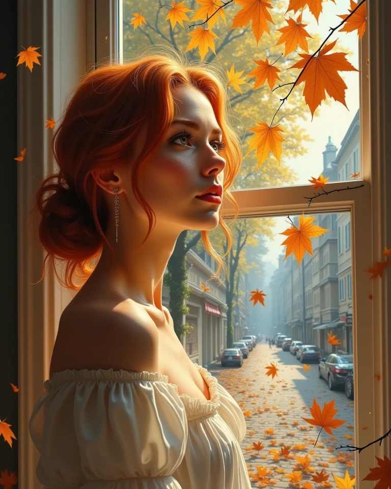 Masterpiece surreal hyper realistic oil on canvas painting in Don Lawrence style about the autumn leaves drift by the windows when a beautiful ginger haired European woman is staring at a beautiful tree leaves falling on the streets, from her house window, High Resolution, Award Winning, Best Quality, Detail, High Details, UHD, 