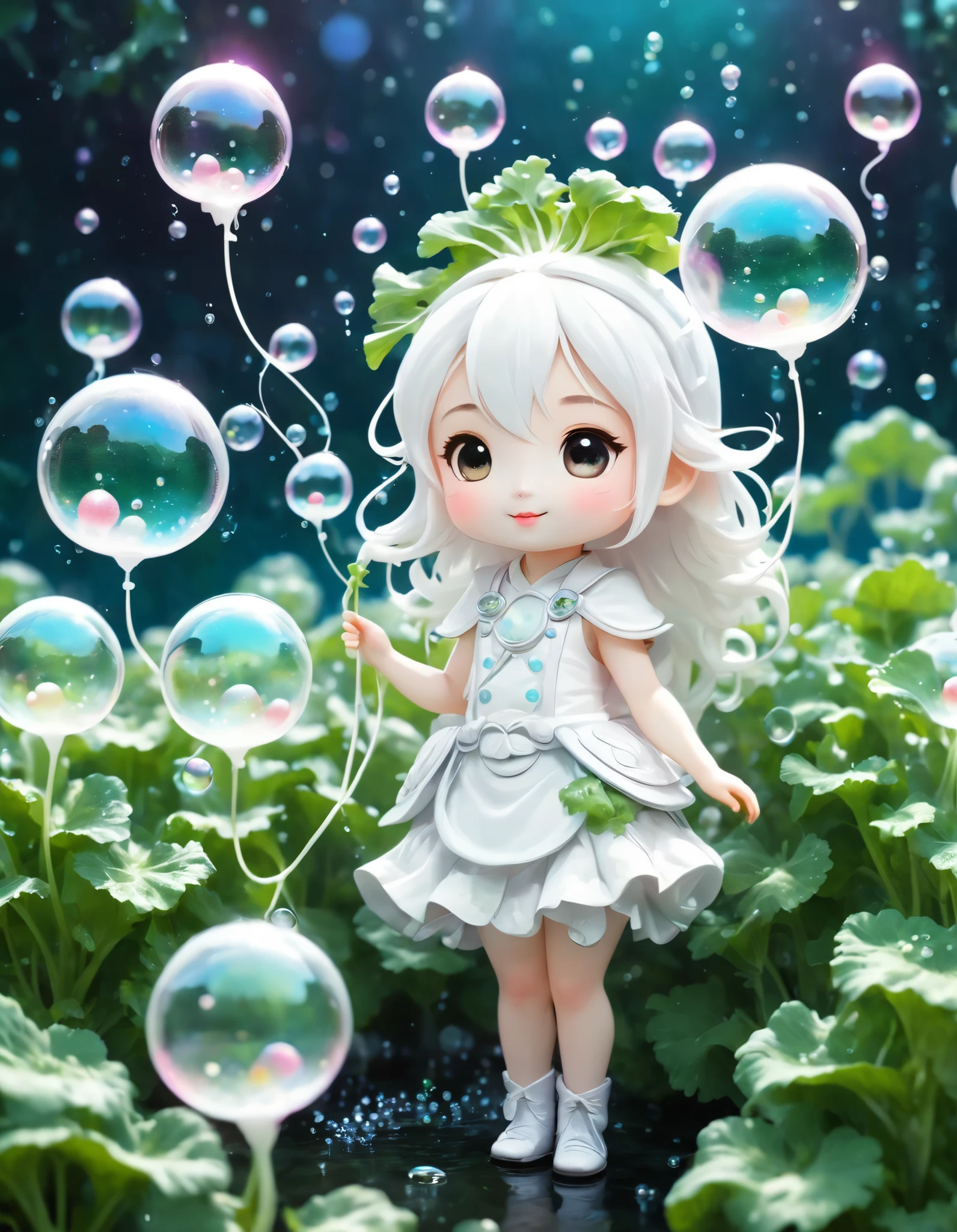 Japanese white Chibi Radishes made of Magical Bubbles:1.5, White theme, fantasy world in the background.
