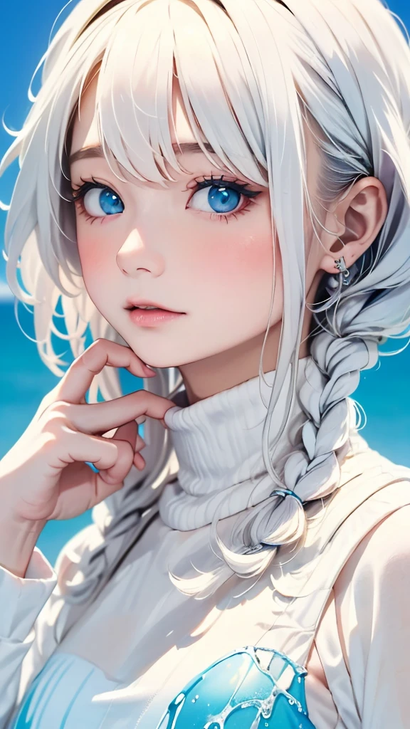 (masterpiece, best quality:1.2), 8k, 85mm, raw photo, absurdres, white and cyan theme, (liquid clothes, liquid dress:1.4), white hair, gradient dress, delicate girl, upper body, close up face, shiny skin, teen, looking at viewer, HDR, sharp focus, particle, twilight sky, detailed eyes and face, white hair, simple background