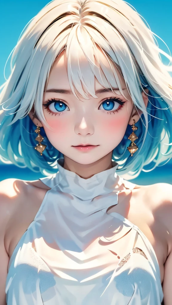 (masterpiece, best quality:1.2), 8k, 85mm, raw photo, absurdres, white and cyan theme, (liquid clothes, liquid dress:1.4), white hair, gradient dress, delicate girl, upper body, close up face, shiny skin, teen, looking at viewer, HDR, sharp focus, particle, twilight sky, detailed eyes and face, white hair, simple background