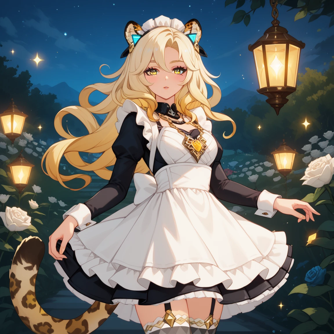 1girl, dress, jewelry, blonde hair, flowing hair, long hair, solo, white roses, jaguar ears, jaguar tail, firefly, long flowing hair, floating hair, ornament hair, Looking at the viewer, flowing hair, Beautiful Eyes, maid, maid dress, maid headdress, white headdress, maid apron, white apron, dress with too many frills, white dress, yellow laces, white Short skirt, skirt with layers, small skirt, skirt with layers, Drape clothes, yellow gem, Lace trim, classical garden, luxury gold details, gold jewelry, more details, best quality, Big sparkling eyes, blushing, Striped Lace Stockings, short skirt, sparkle, solo, centered girl, cowboy shot, glowing hair, white roses, on the garden, sparkles, more details on her clothes, dress with transparency, golden details on her dress, night, lanterns