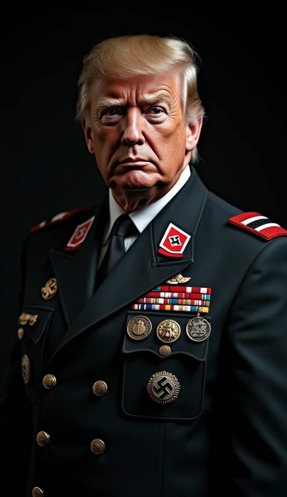 Donald Trump in Nazi uniform, black background, UHD, photorealistic, masterpiece, best quality, real person, 16K, Cinematic, Hyper-detailed, insane details, Beautifully color graded, Cinematic Lightning, Insanely detailed and intricate, Hyper maximalist, Volumetric, Full color, HDR, shallow depth of field, high budget Hollywood film, cinemascope, moody, epic, gorgeous,