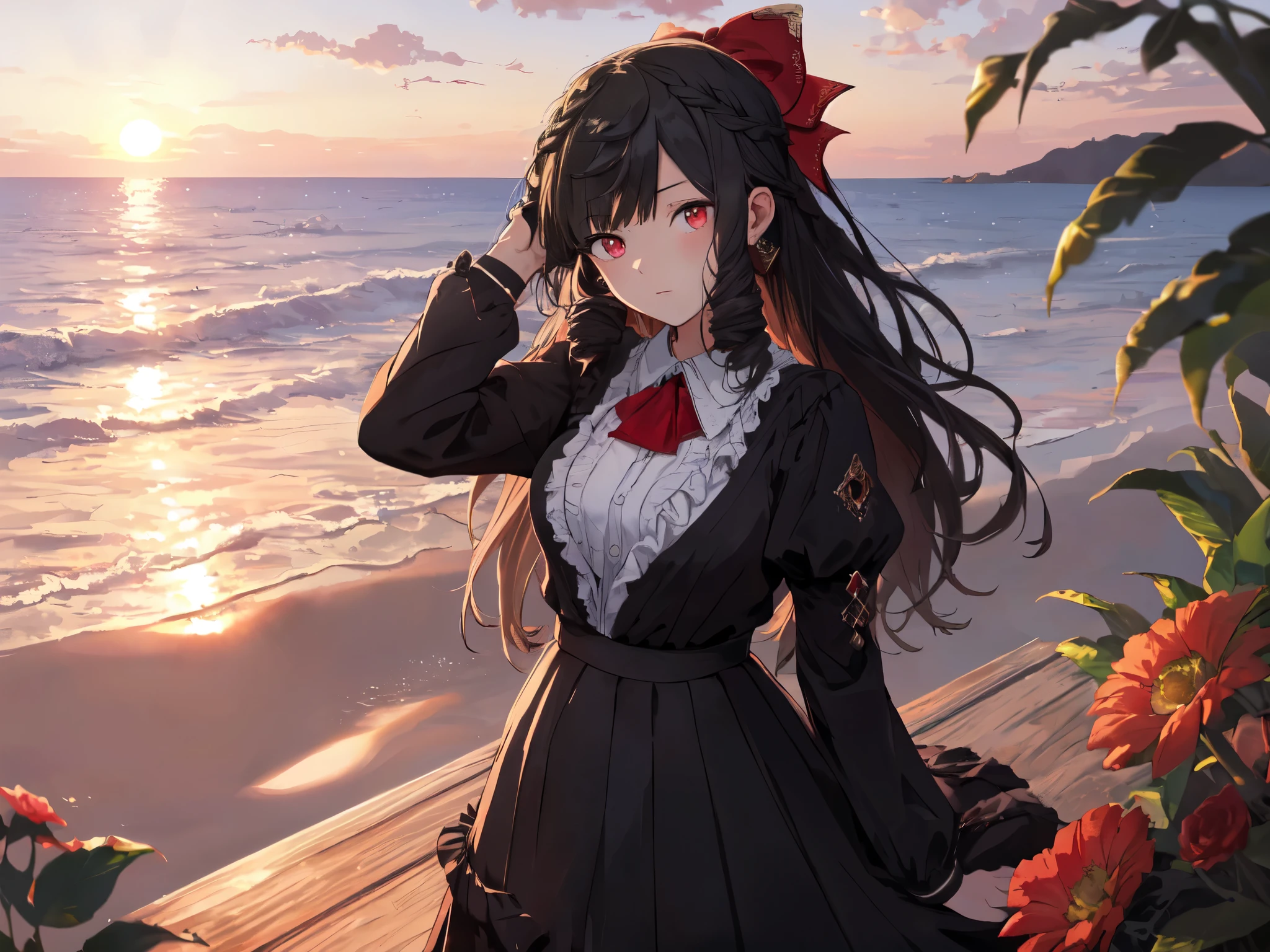 Solo, 1 Girl, (Human Ears, Earrings), (Red Eyes, Young Face, Body Type, Flat Chest), (Black Hair, Vertical Rolls, Long Hair, Hair Tie Back With Big Red Ribbon, Flower In Bangs), (Serious Expression), (Laying Face On Air Mattress, Hands On Head, Looking At Camera), (Black Casual Dress With Ruffled Sleeves, Black Skirt With Ruffled Skirt), (Sunset Sky, Sunset Sun, Evening Sky, Beachside), (Focus On Breast, Oblique Angle), (High Resolution, Masterpiece, Accurate, Anatomically Correct, Multiple Awards, Top Quality, Detailed, High Quality Model, High Quality, Quality, Retina, Highly Detailed, Textured Skin, Ultra High Resolution).