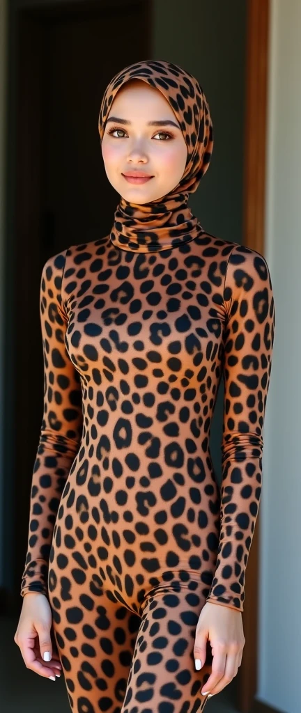 The most beautiful,thin,clever and most pretty thirty eight years old Malaysian muslimah girl wears tiger leopard print lycra turtleneck unitard catsuit covered with spots.She always wear zebra leopard print cotton dancewear stretchy square hijab covered with spots.She cries on the bed and sleeps on the bed.