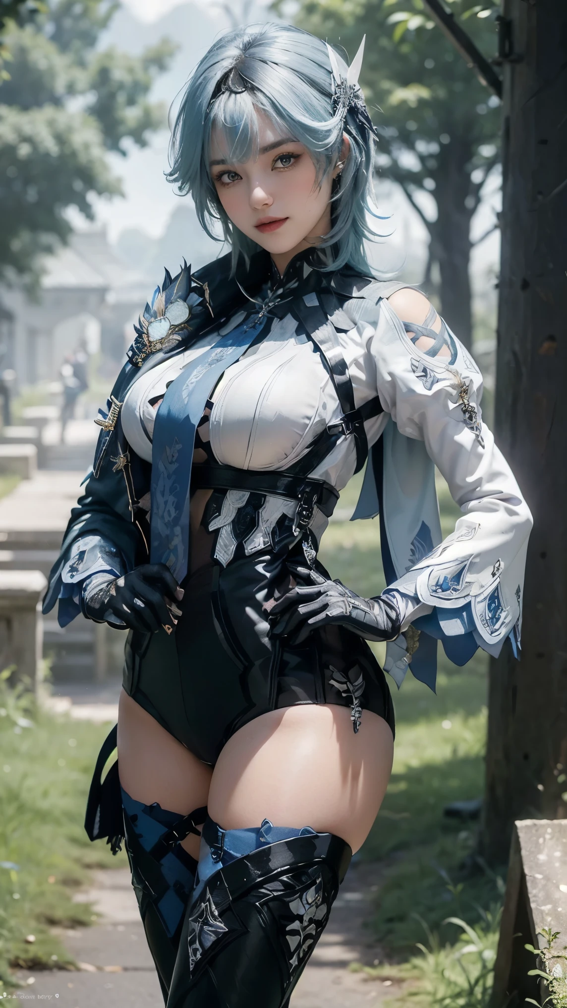Eula Lawrence,(best qualityer,4K,8k,high resolution,work of art:1.2)(weather: cloudy), Mondstadt forest background, forest road, freckles, blue cape, backless black leotard, white top, white sleeves, blue necktie, black gloves, blue stockings, thigh-high boots, snowflake embroidery, short curly hair, light blue hair, teal hair, ultra detailed,realisitic,portraite,beautiful detailed yellow eyes, glowing eyes,blush,beautiful detailed lips,extremely detailed eye and face, long eyelashes,sexly,average, large breasts,beaming smile, sexy smile,powerful girl, flirty pose, stunning curves,bright coloured,dramatic lighting,