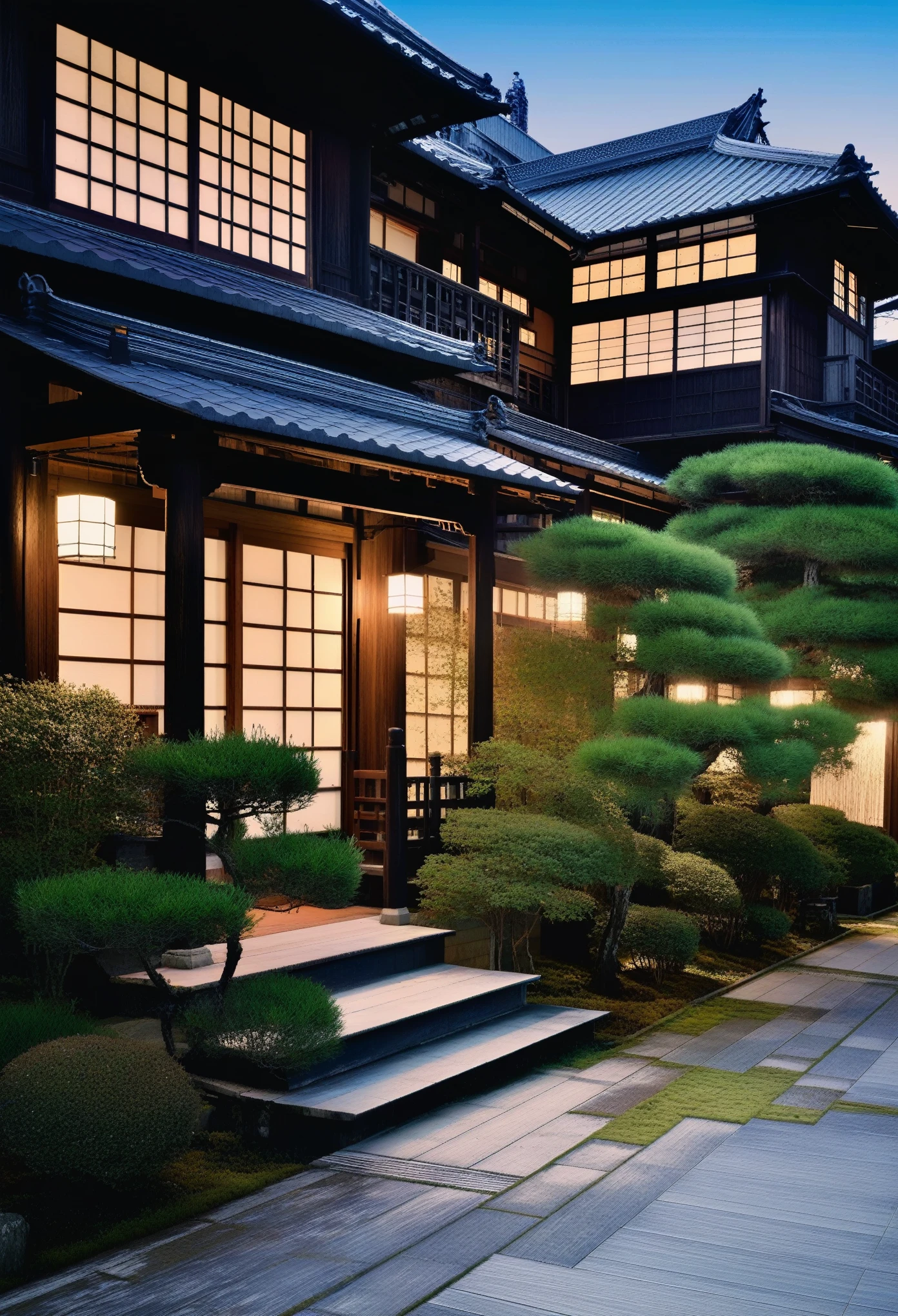 score_9, score_8_up, score_7_up, score_6_up, score_5_up, score_4_up, (masterpiece:1.2, best quality:1.2), very aesthetic, absurdres, source_anime, anime screencap, ((exterior, outside, ultra realistic exterior of traditional Japanese style house, ultra detailed exterior of old Japanese home, pine trees, Japanese guarded, roof tiles, (dark night atmosphere:1.5, dark room exterior:1.5, moon)),