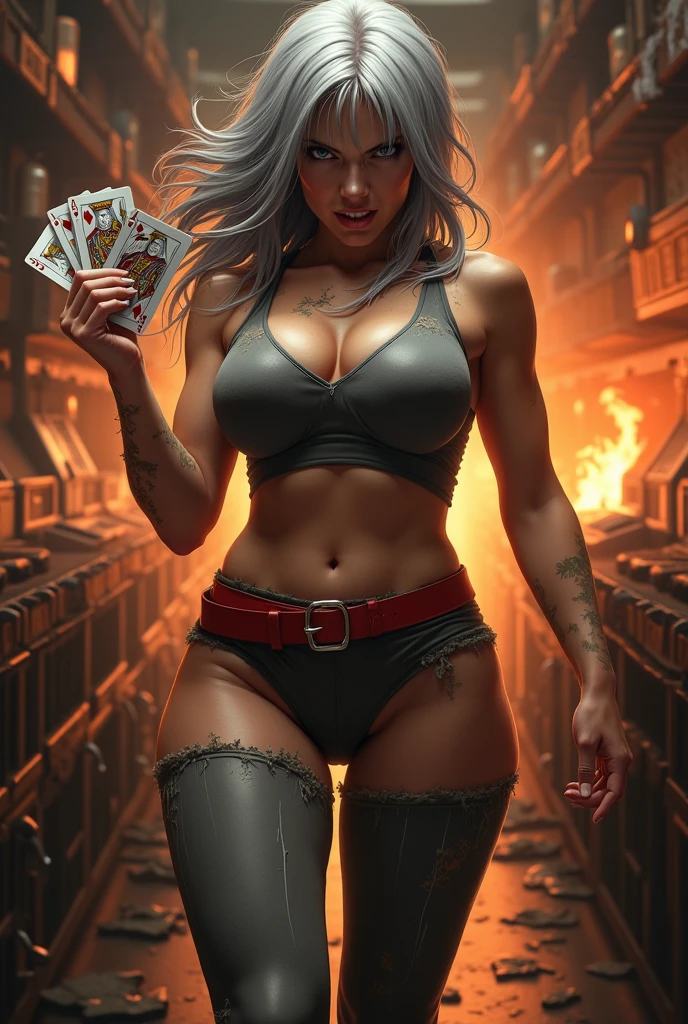  40-year-old female,  gray hair, with the (gray tights lowered to the knees:1.4) , lets see his private parts,  sleeveless shirt, soft and hard bare breasts  ,red belt, in a burning control room ,  holding a deck , wet skin, angry look, realistic, hairy pussy:1.3)