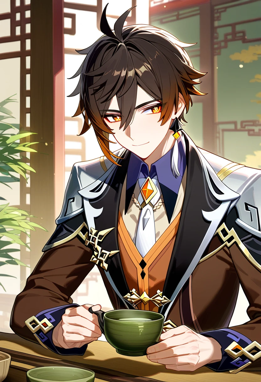 masterpiece, anime, 1boy, 1male, mature male, male focus, solo, Zhongli, Genshin_impact, beautiful and detailed eyes, clear eyes, warm smiling, looking at you, long sleeves, having tea in yunomi, sitting at table, Chinese room,