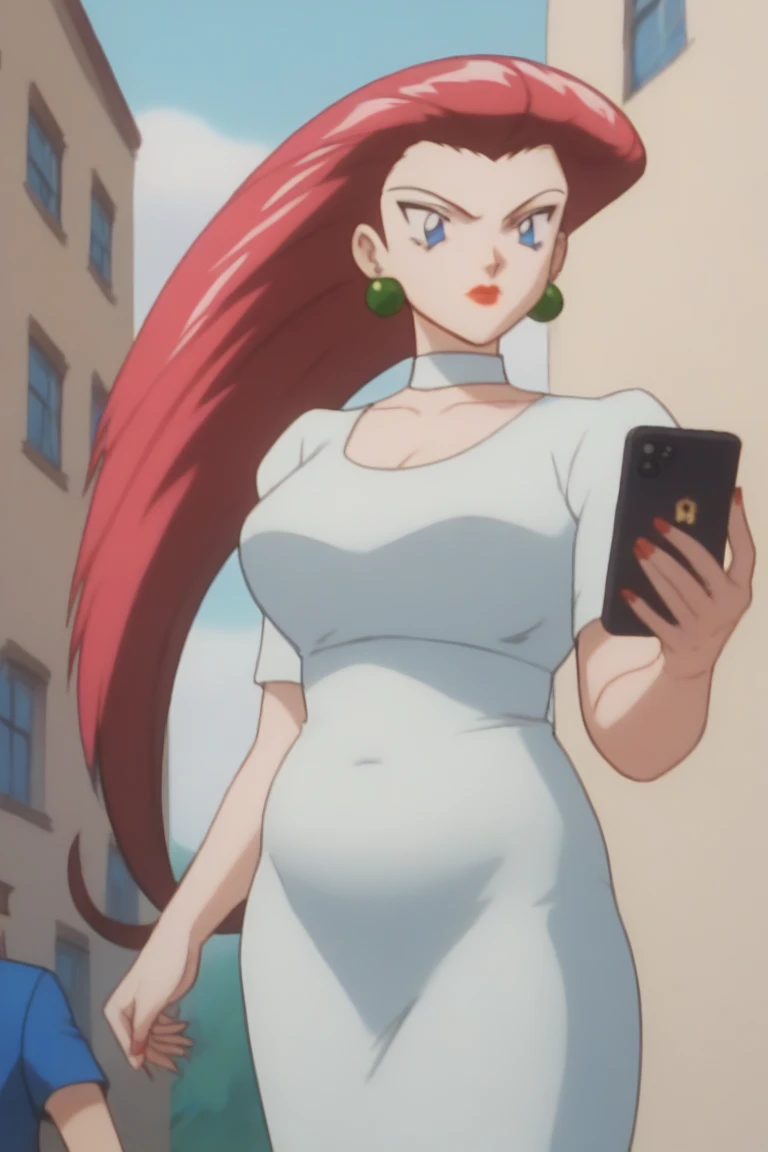 PMJessie shocked,  red hair, long hair, blue eyes, lipstick, Tall height, Prominent Neck, Tall height, chubby belly,  earrings,  talk on the phone, wear a white form fitting dress, close up, fair skin, overlooking an italia coast view, in the italian balcony,