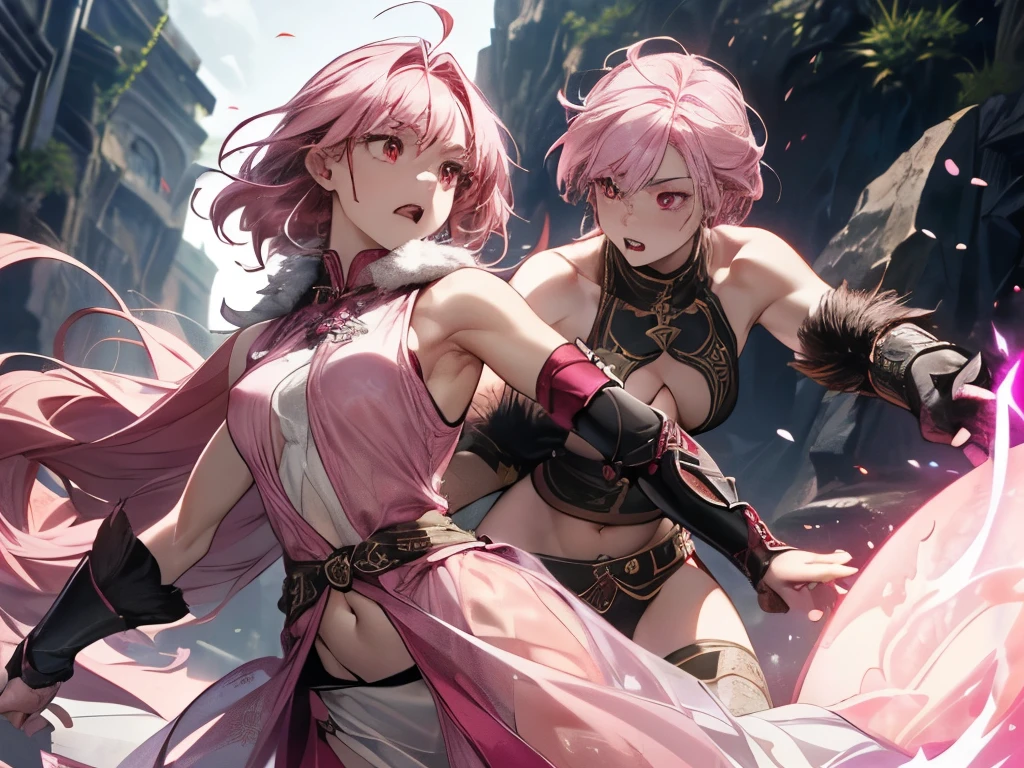 Battle between female warriors and dragons , Escaping Female Warrior ( long pink hair、 frightened expression 、 white see-through celtic dress( sleeveless、 out of your belly button、Deep slit、deep cut chest ))、A giant dragon attacks(fur、black、Strong body、Red eyes、sharp fangs)1:5、Jet Black Earth 、 Dark Fantasy