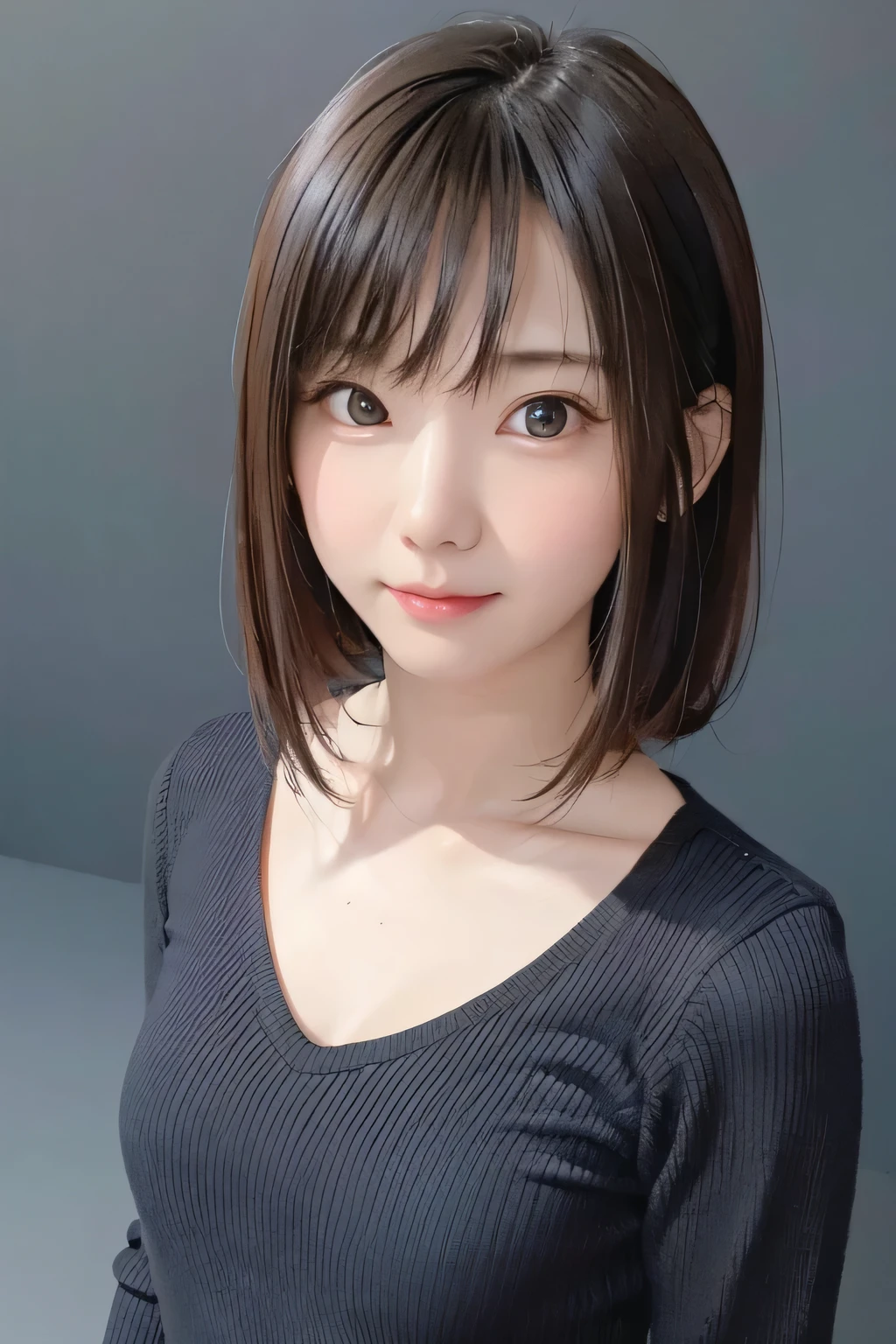 (masterpiece、 best quality、 Super detailed description、 ultra high resolution)、((Face Shot))、 girl、solo、((small chest))、cute、 idol face、Half Smile、( realistic skin:1.2)、((Jet black background))、( background blur :1.3)、 knitted sweater、Front closure