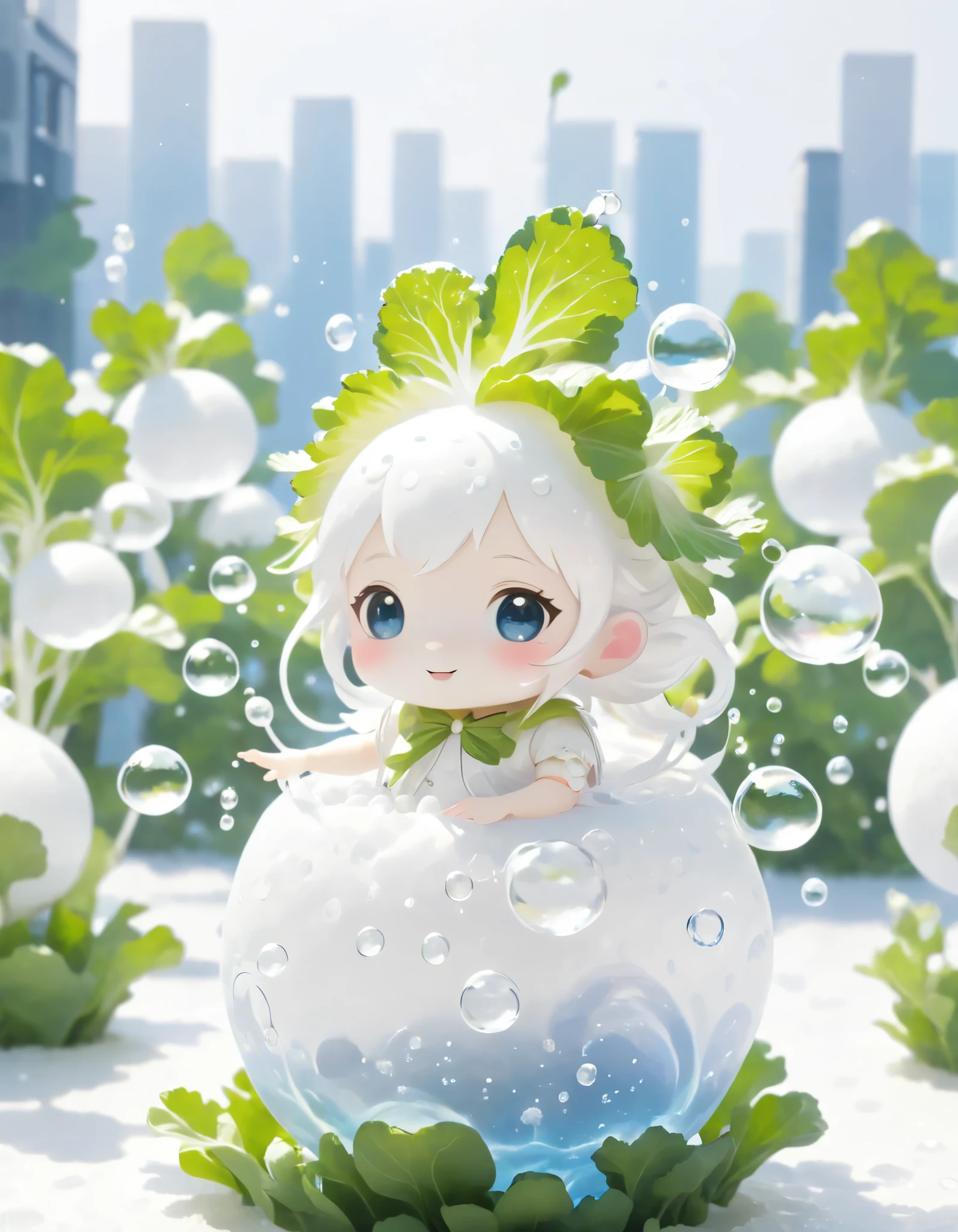 (Japanese white Chibi Radishes made of Magical Bubbles:1.3), White theme, fantasy world in the background.