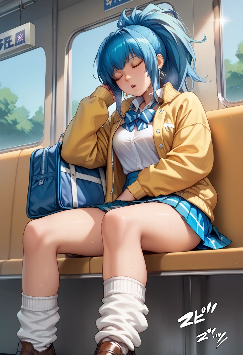 BREAK 1girl,sleeping on a train seat from front, BREAK 1girl,leonakofdg,blue hair,Sweat,(Sound Effects:1.3), Gal High School Girl Uniform,super mini skirt,yellow Jacket,Shirt with a length that shows lower breasts, loose socks, Loafers, BREAK In a crowded train,