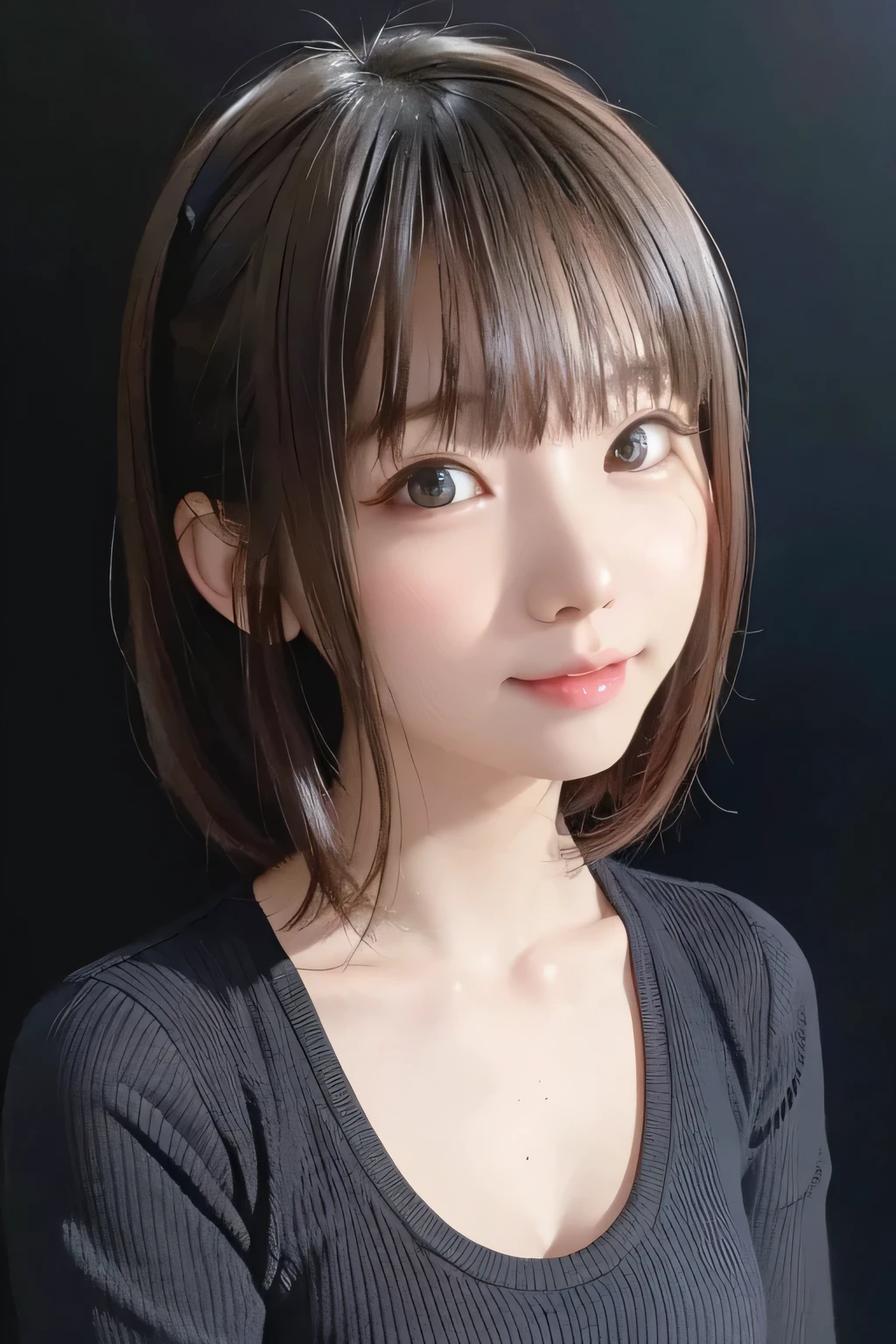 (masterpiece、 best quality、 Super detailed description、 ultra high resolution)、((Face Shot))、 girl、solo、((small chest))、cute、 idol face、Half Smile、( realistic skin:1.2)、((Jet black background))、( background blur :1.3)、 knitted sweater、Front closure