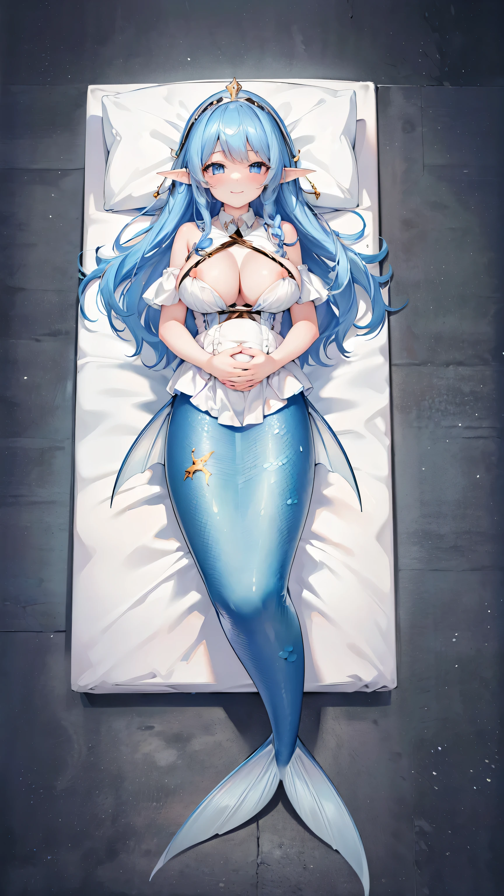 (masterpiece, of the best quality ),(Full five fingers), a girl ,swimsuit, blue hair ,Elf ears, blue eyes, Unique , big breasts ,Pregnant,Mermaid,blue Mermaid tail,Full body photo,charming face(Kawaii, charming,soft), lying in bed ,Smile,