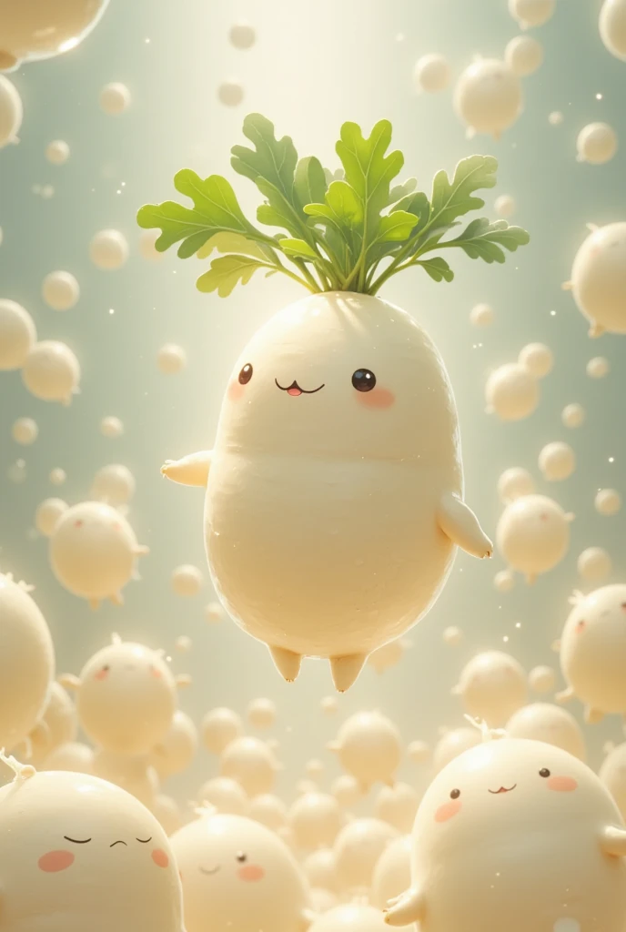 Detailed Fantasy art, Countless Cute daikon characters in magical bubbles are floating in the air. transparent daikon, transparent body, transparent characters, magic bubbles texture. The surface reflection of the magic bubbles is beautiful and fantastic.