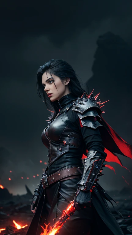 a beautiful woman with black hair and red locks is running at night in the courtyard of a palace while it is raining, and she is wearing armor and is stained with many blood in his armor and face, she is scared
