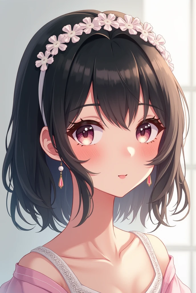 Shiragiku Hotaru, 1girl, solo, smile, outdoors, <lora:shiragiku hotaru2:0.8>, 1girl, wisteria, solo, dress, purple flower, sleeveless, flower, sleeveless dress, blush, upper body, collarbone, hair bow, bow, black dress, parted lips, blurry, hand up, looking up, bare arms, purple bow, bare shoulders, breasts, depth of field, purple ribbon,