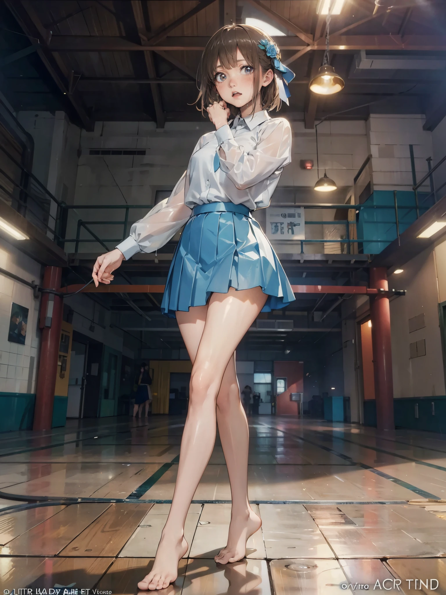 anime - style illustration of a high school girl in a (white dress shirt and light blue skirt), school days video game character, official character art, trending on cgstation, e-girl, cushart krenz key art feminine, full body, female anime girl, (posing:1.5), looking at viewer, (blush:1.7), (puffy lips:1.2), (cameltoe), (bare legs:1.5), (drooling:1.5), light brown hair,