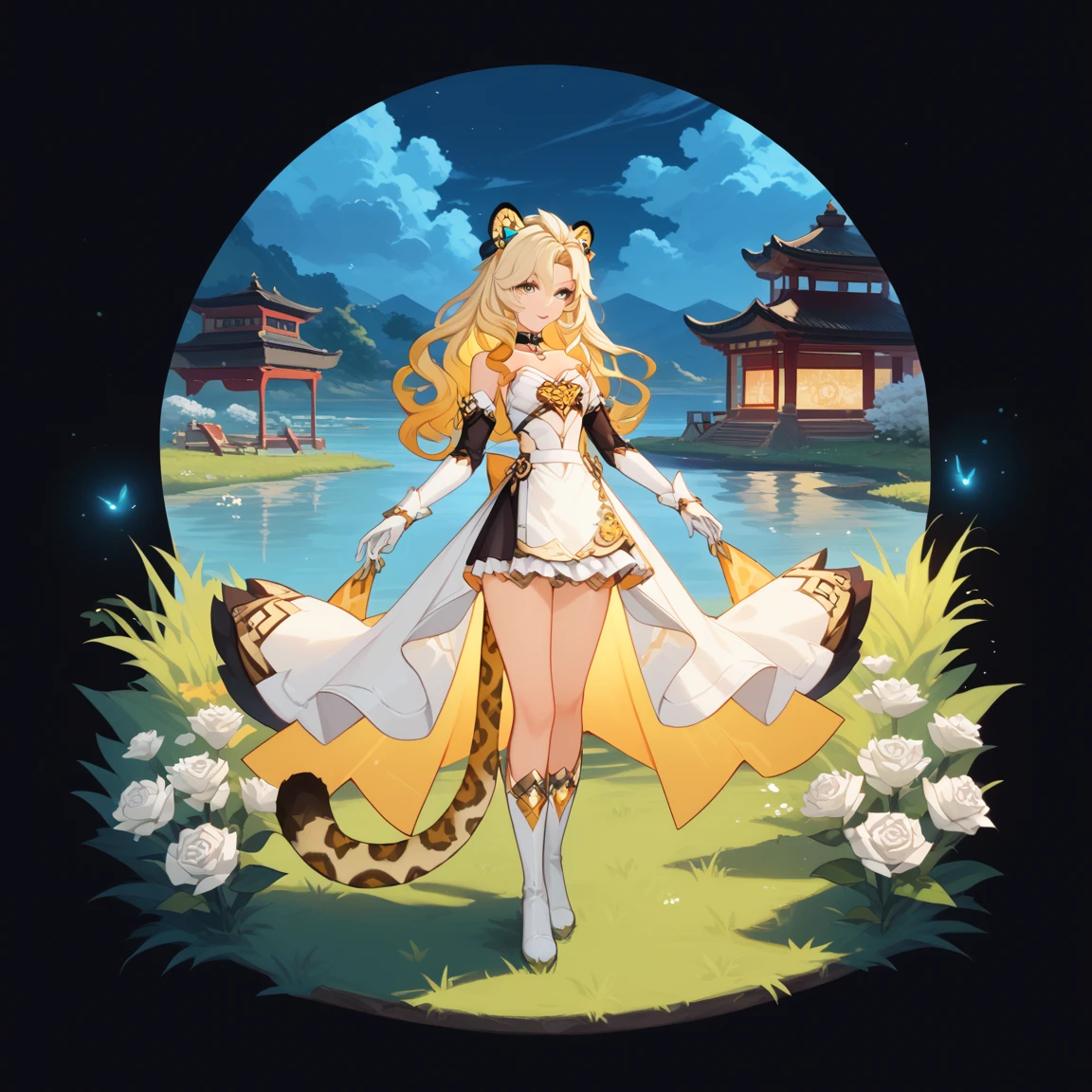 1girl, dress, jewelry, blonde hair, flowing hair, long hair, solo, white roses, jaguar ears, jaguar tail, firefly, oriental architecture, Chinese maid dress, yellow laces, white boots, gold details on her clothes, night, lake on the background, seat on the grass, a garden scenery, white roses, flowers, more details, perfectly body, perfectly hands, two hands, two legs, two arms, five fingers, glowing hair, best quality, gloves, white gloves, choker, detached sleeves, magical girl, white dress, strapless, skirt with layers, frills