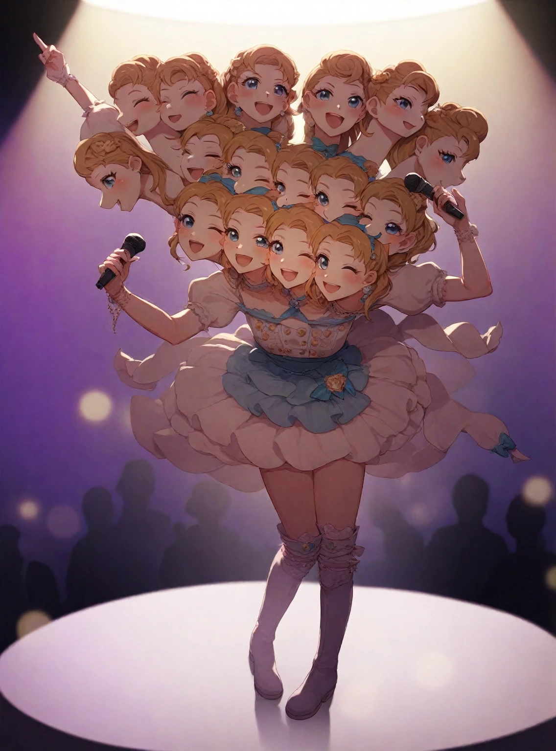 (masterpiece, best quality), best resolution, 16k, full body shot, perspective view, front lighting, (idol), idol clothes, idol dress, 1girl, solo, (conjoined, three heads: 1.5), standing, dancing, holding microphone, wink, happy, open mouth, cute boots, ribbon on head, concert stage, spotlight, extremely high details, detailed shadow