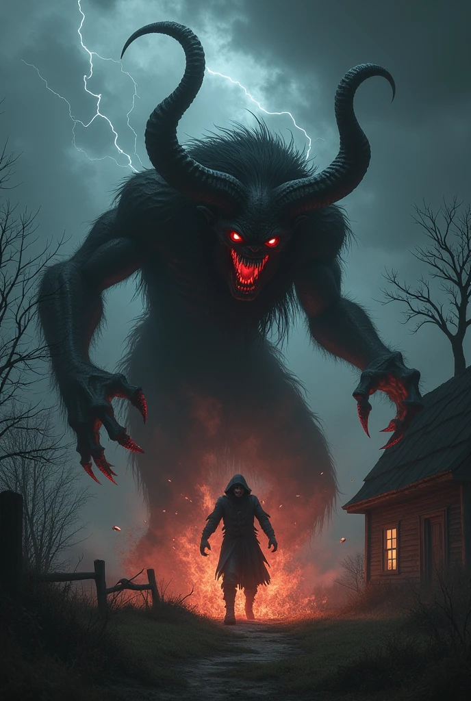 A horrified peasant man in his wooden hut, being dragged by the devil with dark and sinister tentacles towards a fiery pit in the ground, resembling hell. scary and horror scene.