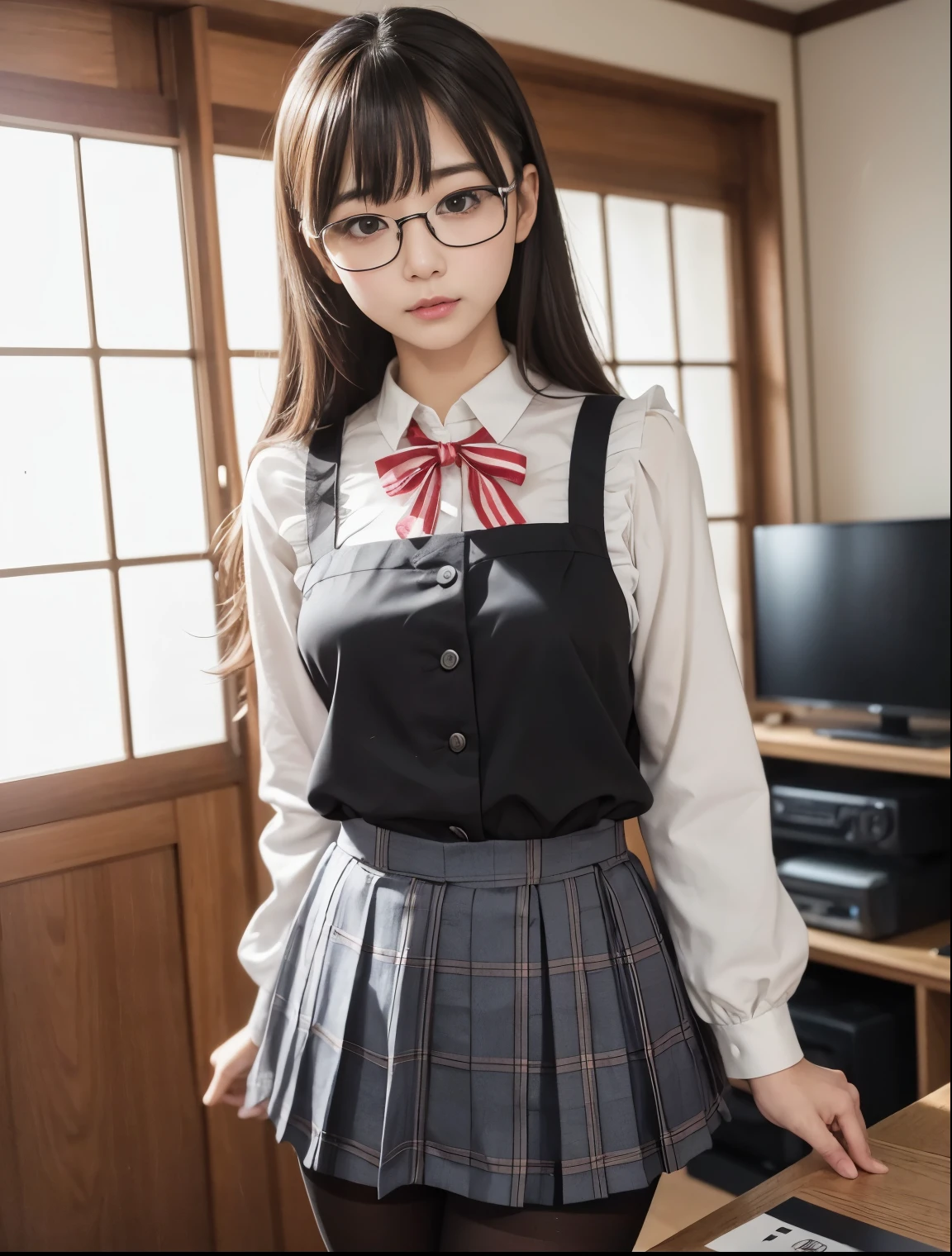 （8K、Raw photography、top-quality、​masterpiece：1.2),big butts,Peach-butt,Bullish,Muchimuchi,Erotic,Pupils,Light Blue Bra,de pele branca,kne,(Black pantyhose),absurderes,a small face,,flat breast,Parting the bangs from the middle、Forehead visible,(a cold expression,Tight eyes,glares,Bullish,skinny,Rasping,irate)、​masterpiece,top-quality、超A high resolution,Raw photo,ren,Beautiful fece,One Person, 独奏,eye glass,,Dark look,Small breasts,fullllbody,Round glasses、cute little、Back to Student,JK school uniform,hi-school girl,A Japanese Lady,is standing,（Photorealsitic：1.37）、Photon mapping,Realistic、Cute little face,Brown-eyed、Black socks、(Red bow tie)、Radio City、Physically Based Rendering、Foreground、depth of fields、Blurry background、a picture,The girls、Body,beauty legs, Long legs, Thin leg,Long bob cut,(Bangs are visible), hair, s lips, Blue_The eye, nosesoft,(Light blue shirt), (Navy and blue and white plaid pleated skirt), Knees are visible,Sheer clothing,, Thigh, Black cotton socks,Nogizaka Idol, 女優, Japanese ido