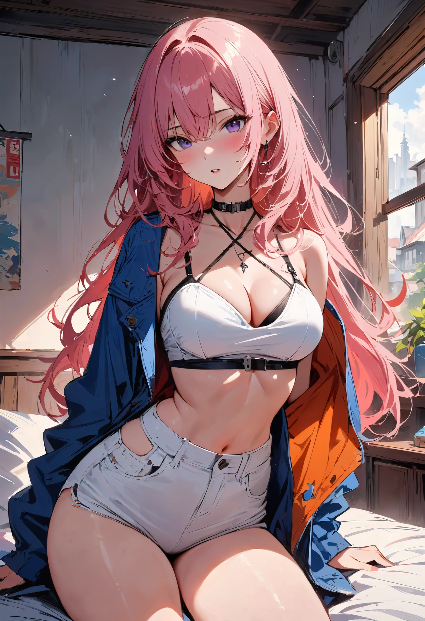 nsfw:1.5,Browsing Caution,'(masterpiece, Highest quality, Very detailed, 8k wallpaper, Realistic), 1 person, Curvaceous yet slender body, Big Breasts, Colorful printed micro bikini top, Fleece jacket, Shorts, Knee socks, Bangles, choker, Twin tails, Backpack, street, Street lamp, Late Night