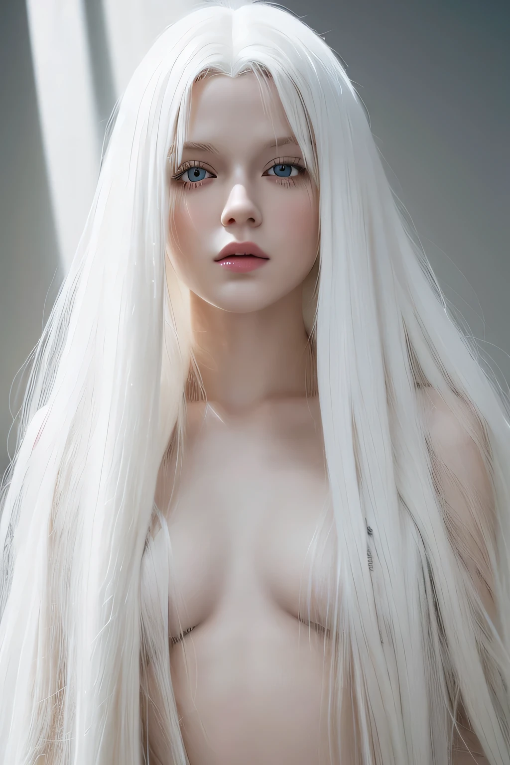 masterpiece,  best quality,  Approaching Perfection , ( perfect face:1.1), ( high detail:1.1), dramatic, (1 person), Pale skin, (Long pure white hair :1.4), White Eyes,  Otto Sepparainen , Alone, Long Hair,  White Luxury Suit , Covered navel, snob, albino,  studio graphics engine that emits light,  plump lips , Magician&#39;s Demon, Volumetric Lighting,  Detail Eyes, (8k wallpaper masterpiece),  super detailed, Intricately detailed , Overwhelmingly Pixel Perfect, Rose, fashion, Aside,  look at the viewers, Balenciaga style