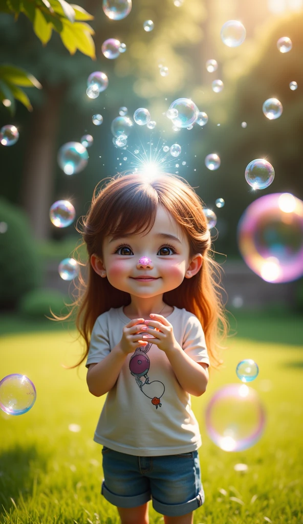 Magical bubbles, Sparkling Bubbles ,  Colorful Bubbles,  cute girl, ((( get bubbles out of your nostrils:1.5, 魔法で get bubbles out of your nostrils, Nose lantern))),  one girl who is at ease, On the lawn in the garden, Put bubbles out with a smile 、