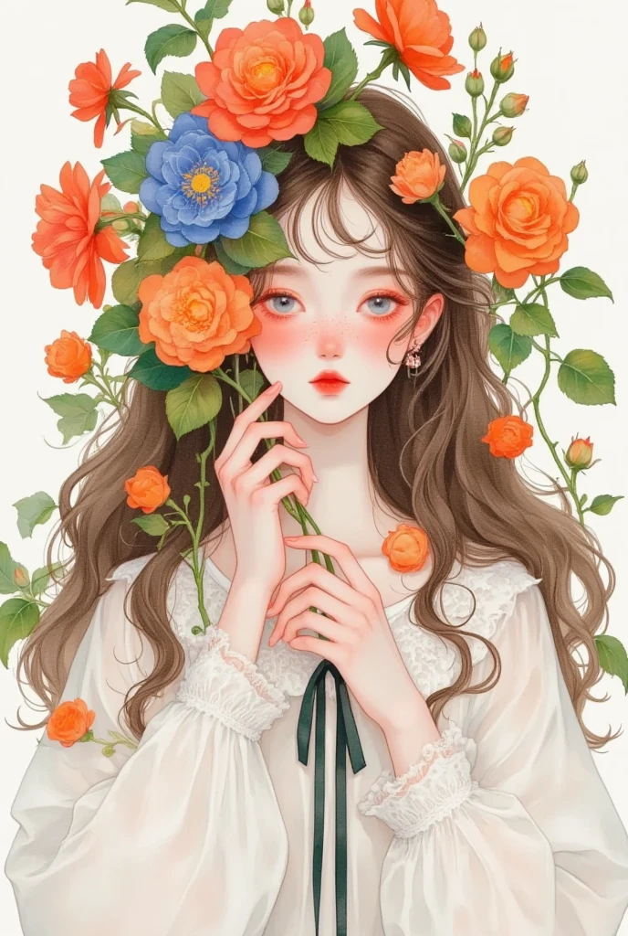 a woman with flowers in her hair and a white shirt, flower queen, flower goddess, girl with a flower head, she has a crown of flowers, girl with a flower face, flowers covering eyes, flower head, trending on artstration, queen of flowers, lotus floral crown girl, girl in flowers, the girl made out of flowers, made of flowers