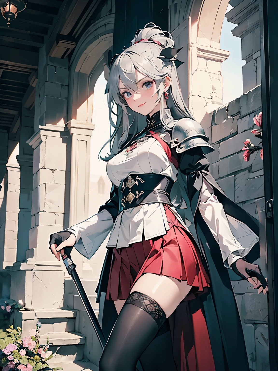 Top quality, 8K, Illustration with fine lines and medium saturation for light novels in the adventure genre, ((blue sky view from broken stone window)), ((blooming colorful small flowers)), dark-red traditional pleated skirt hem, wearing dark-red traditional pleated skirt, skin shadow, female knight metal plate armor, gold braid, red stone jewel, knight corps insignia, black leather gloves, A refined and tall Kaihime-like beautiful woman about 30 years old carrying a small scabbard, faintly smiling with light pink lips and blue-gray eyes, coming down a stairway at a porch on a summer morning, wears a gothic-style puff sleeve A-line knee-length dress in charcoal with pale pink and silver accents that enhances her well-proportioned curvy, slim body shape. She also wears stockings and leather boots in charcoal, and long silver satin gloves with charcoal fingertips. cinematic lighting, faint-smile, old Italian castle ruin, carrying huge black scythe by right hand