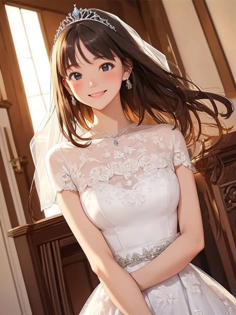 (High quality, High resolution, Fine details), white dress, Old private house, ancient, sunlight filtering through cracks, serene expression, graceful pose, gentle breeze, ethereal atmosphere, dreamlike, soft color palette, warm golden tones, soft lighting, delicate lace details on the dress, flowing fabric, surreal, melancholic beauty, mysterious, timeless scene, sense of nostalgia, quiet solitude, solo, curvy women, light brown hair, sparkling eyes, (Detailed eyes:1.2), smile, blush, Sweat, Oily skin, shallow depth of field