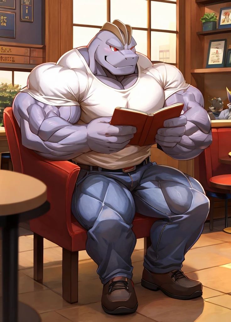  big-bodied machoke ( Pokémon)、Kairiki Pokémon  、 tall,service、T-Shirts、jeans、Work shoes 、 Red eyes、Very Big Muscles 。 while reading at a cafe、 drinking coffee 。Tiny paperback 。Long chair。Alone, 