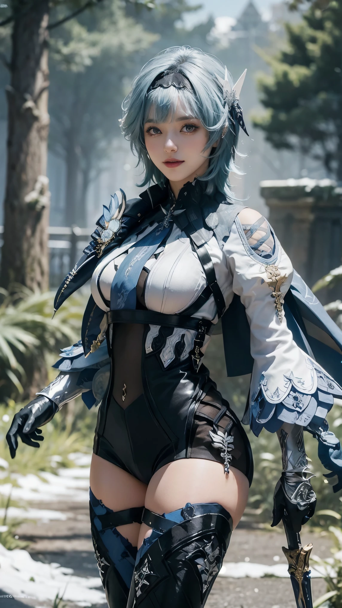 Female ocean sorceress,dark blue and blue hair,short hair,blue eye,dark blue and blue costume,fantasy costume,open shoulder,open waist,armband