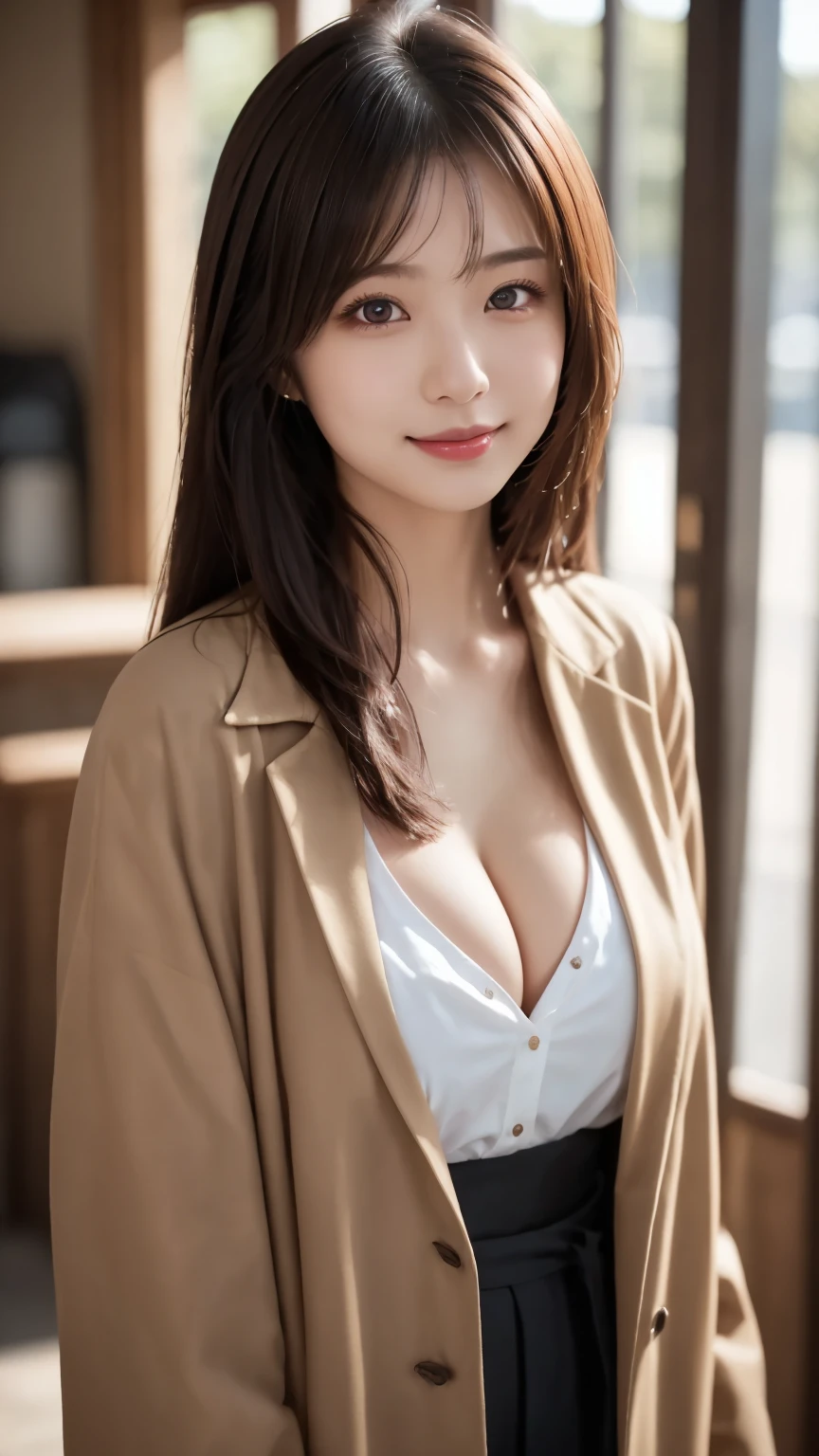  white shirt、(Heavy coat : 1.4), beautiful目, Idol, Feminine dark hair , ( Delicate and realistic hair, 1 1 Realistic Hair), bangs,  natural colored lips, smile, ((white indoor)), indoor, ( 18 year old female  : 1. 2),  young and adorable Japanese face,  Official Art,  high definition  CG Unity 8k 壁紙, (masterpiece: 1.0) , ( best quality: 1. 0), ( best quality: 1. 0), Ultra  high definition ,4K, Very detailed,  photos,8k, NFS W , high definition , Kodak Portrait 400 , Film Grain, lens flare グロー, best quality,8k, NFS W :1. 2),  as a portrait shot,8k, Show viewer , ((masterpiece)), (( best quality)), ( super detailed), ((cute)), (Nice), (( sexy)), (( Very detailedな)), (detailed clothing features), 4K, (8k), (beautiful), Illustration, beautiful日本人の女性, ((1 female)), beautiful black hair, (Long Hair:1.2), ((beautiful eyes)),  lens flare, (((Front View))), ((facing))、(Bold Cleavage : 1.3)、 (Tight chest : 1.3)