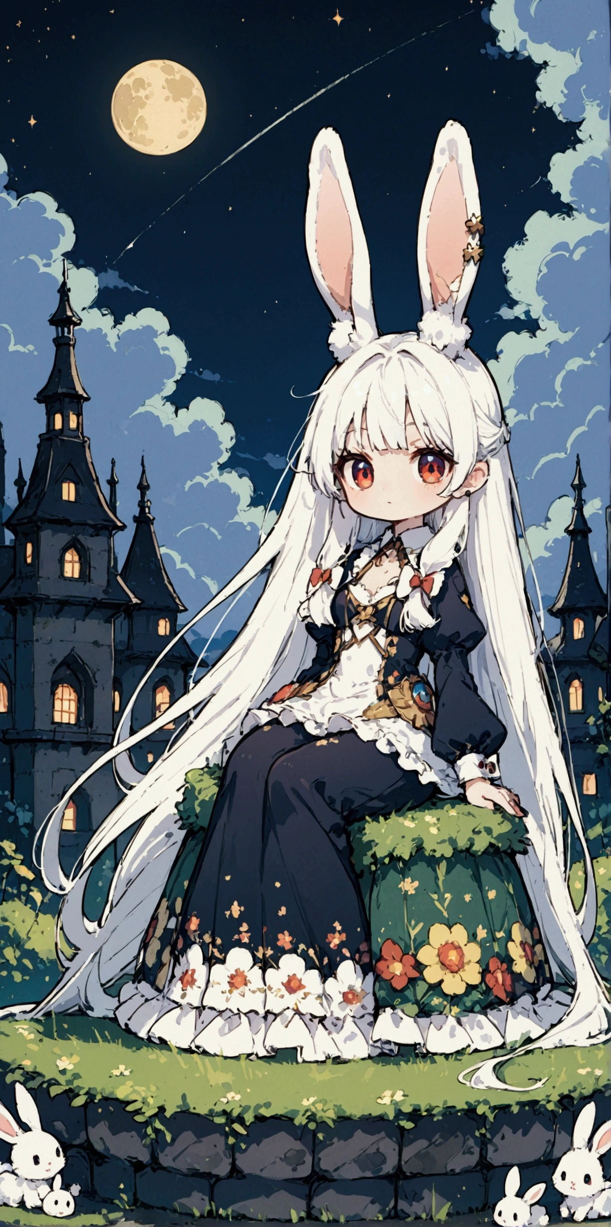 solo,1girl\((chibi:1.3),cute,kawaii,(white hair:1.7),(very long hair:1.7),bangs,(ear\(fluffy white bunny-ear\):1.4),(red eye),big eye,beautiful shiny eye,skin color white,big hairbow,(white frilled dress:1.3),breast,white rabbit tail at hip,sitting on bubble\(huge,gigantic, elasticity,soft,beautiful,shining in vivid cosmic color\)\),background\(night sky,stars, calescent-moon\). score_9, score_8_up, score_7_up, score_6_up, score_5_up, score_4_up,source_anime, source_furry,rating_safe,close up girl,dynamic angle,dynamic angle, beautiful landscape,from below