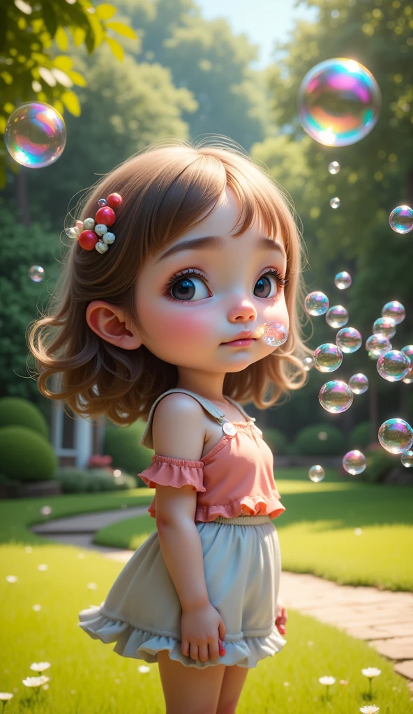 Magical bubbles, Sparkling Bubbles ,  Colorful Bubbles,  cute girl, ((( get bubbles out of your nostrils:1.5, 魔法で get bubbles out of your nostrils, Nose lantern))),  one girl who is at ease, On the lawn in the garden, Put bubbles out with a smile 、