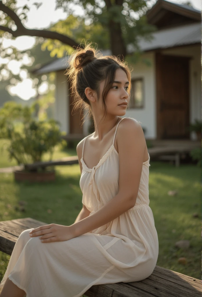 Beautiful indonesian girl, a bit curvy, messy tied hair, wearing knee-lenght sleeveless chiffon sleepdress, sitting on wooden bench in front of village house, under the bayan tree, look at the viewer, natural morning light, realistic photography, wide angle shot, detailed facial features, intricate clothing folds, soft lighting, warm color tone, photorealistic, cinematic composition, high quality, 8k, masterpiece