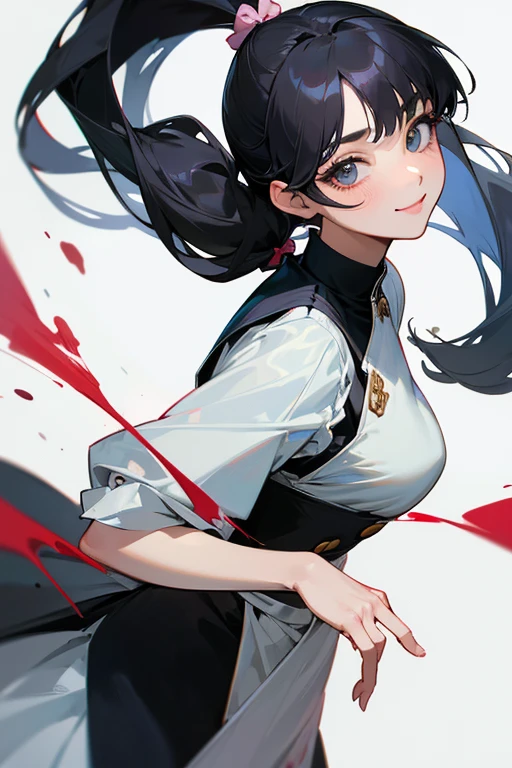 ((masterpiece, best quality)), (1girl), (solo), (female focus), yoru \(chainsaw man\),(very detailed face, real image, realistic white skin, realistic body, intricate details), red eyes (intimidating look) school uniform, black pinafore dress, shirt, neck ribbon, long shaggy hair, small breasts,