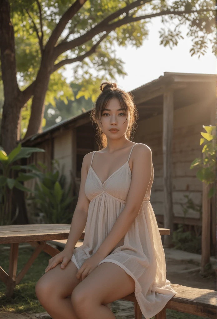 Beautiful indonesian girl, a bit curvy, messy tied hair, wearing knee-lenght sleeveless chiffon sleepdress, sitting on wooden bench in front of village house, under the bayan tree, look at the viewer, natural morning light, realistic photography, wide angle shot, detailed facial features, intricate clothing folds, soft lighting, warm color tone, photorealistic, cinematic composition, high quality, 8k, masterpiece